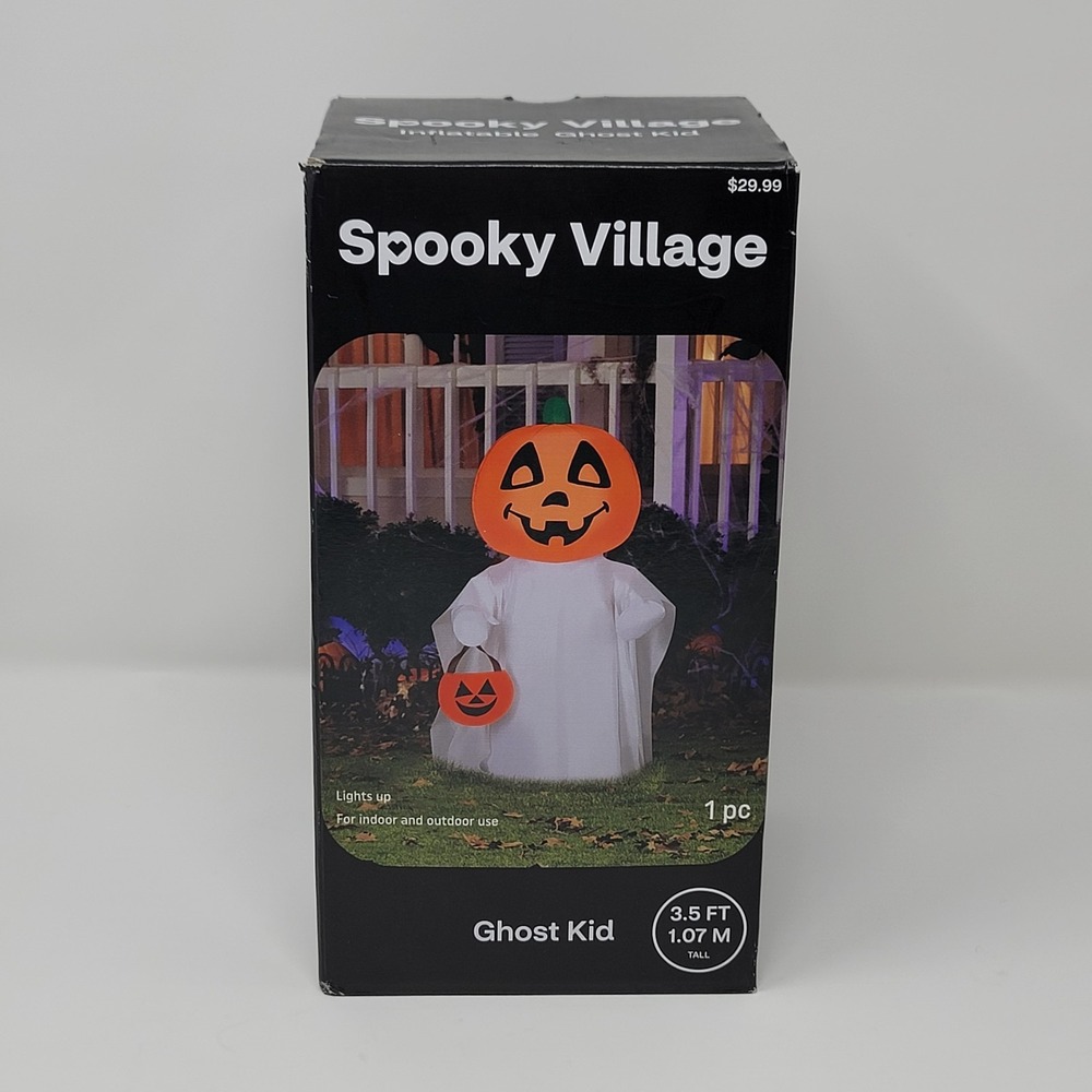 Spooky Village Inflatable Ghost Kid 3.5 FT White Orange Halloween Light Up Decor